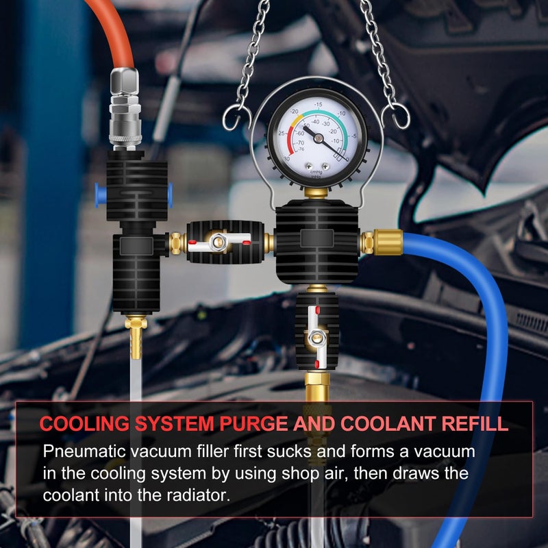 JIFETOR Cooling System Vacuum Purge Radiator Coolant Refill Tool Kit, Universal Automotive Water Tank Pneumatic Vacuum Antifreeze Change Filler Set, with Adapter Case Hose for Car Van SUV Truck - Image 3